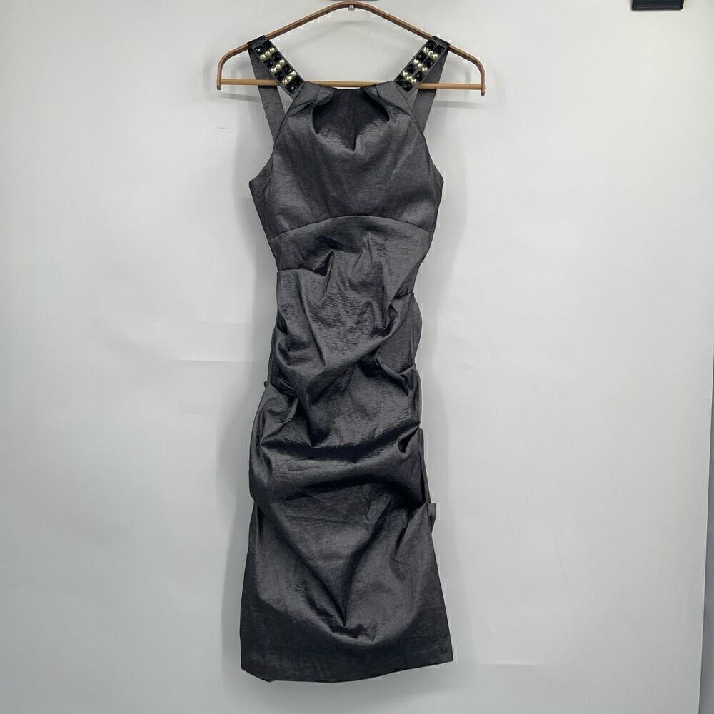 Juno Dress Collection Charcoal Gray Shiny Ruched Pleated Cocktail Dress Small